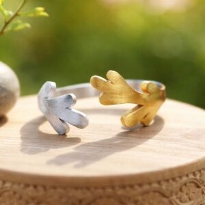 New Two Tone Deer Antler Ring Sterling Silver Adjustable Size